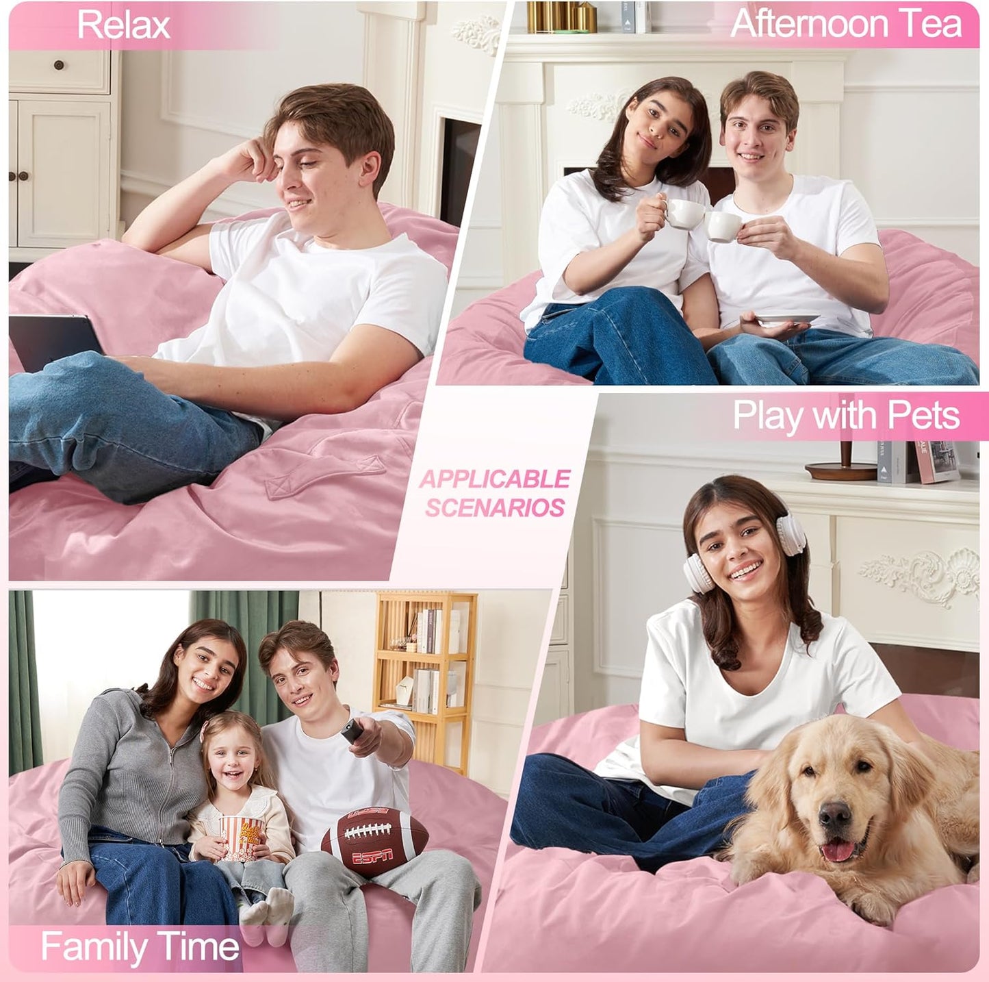 Homguava 3FT Bean Bag Chair: 3' Bean Bags with Memory Foam Filled, Large Beanbag Chairs Soft Sofa with Dutch Velet Cover-Light Pink