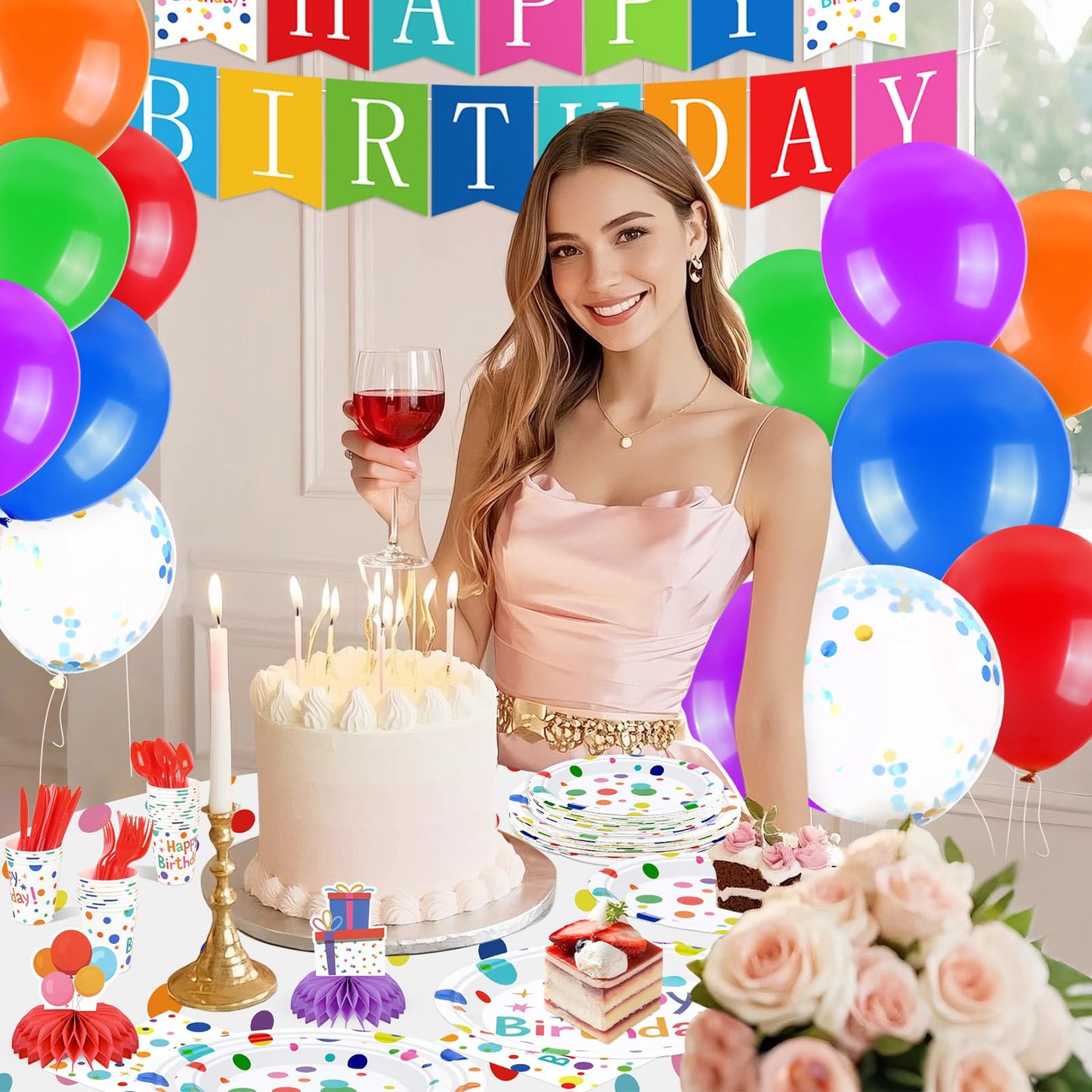 Happy Birthday Decorations – 226pcs Colorful Polka Dots Birthday Party Supplies Set with Plates, Napkins, Cups, Tablecloth, Banner, Balloons & Honeycomb Centerpieces, Serves 25