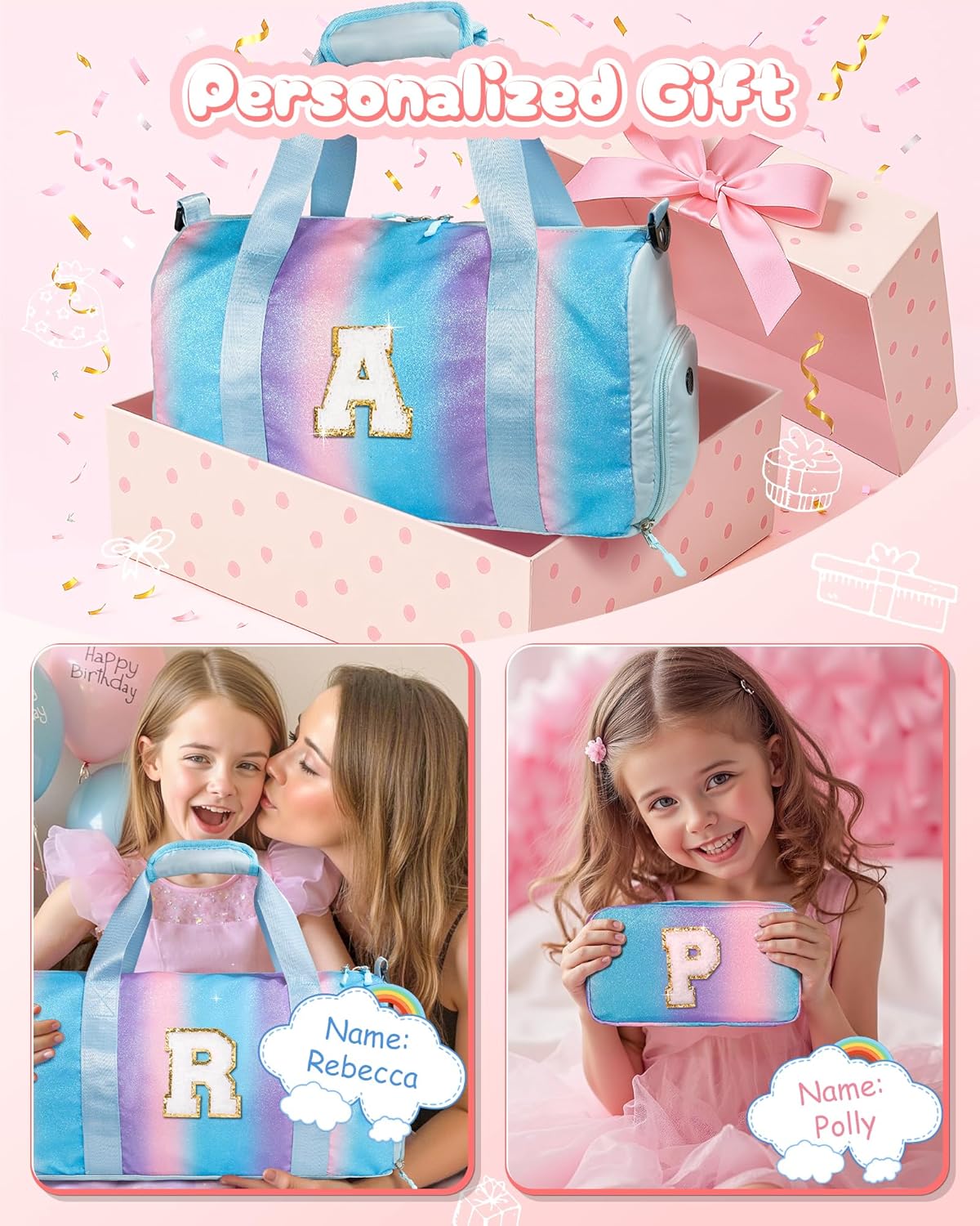 Birthday Gifts for Granddaughter-Girl Gym Bag with Shoe Compartment, Kid Personalized Weekender Overnight Bags, Initial Travel Tote with Makeup Pouch Valentine's Day Gift for Kids (Letter I)