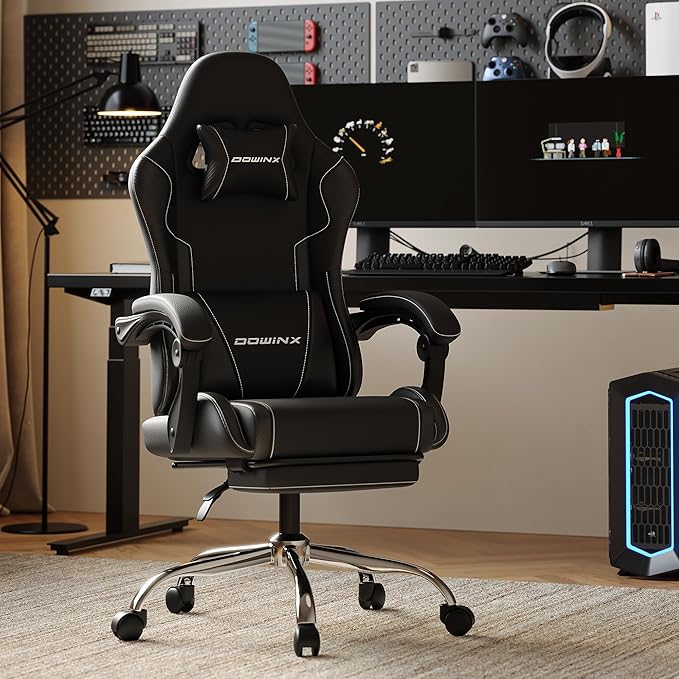 Gaming Chair with Footrest & Massage Lumbar, Ergonomic Computer Chair 330lbs with Headrest Pillow for Office, Home, Streaming and Long Gaming Sessions,Dark Black