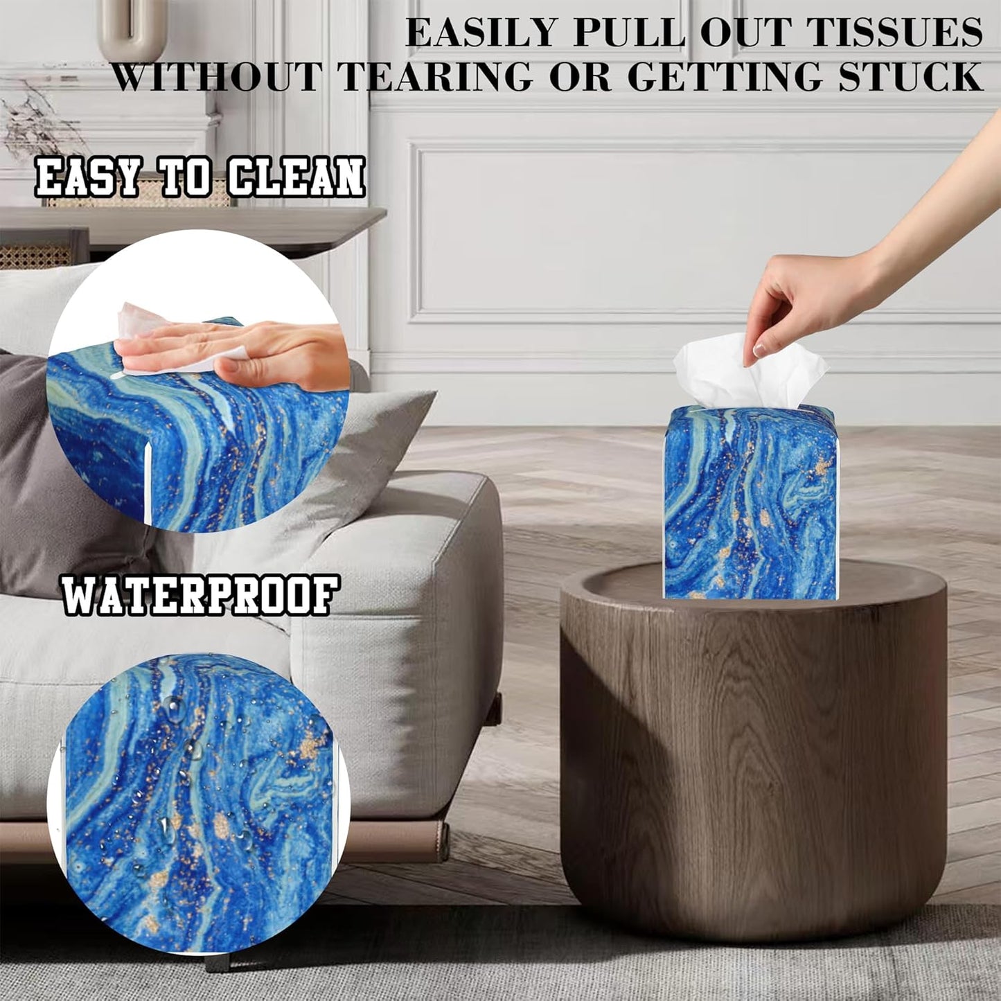 Blue and Gold Liquid Marble Tissue Box Cover Square, Tissue Box Holder Leather Facial Paper Case Decorative Organizer Holder Dispenser Home Office Car Decor