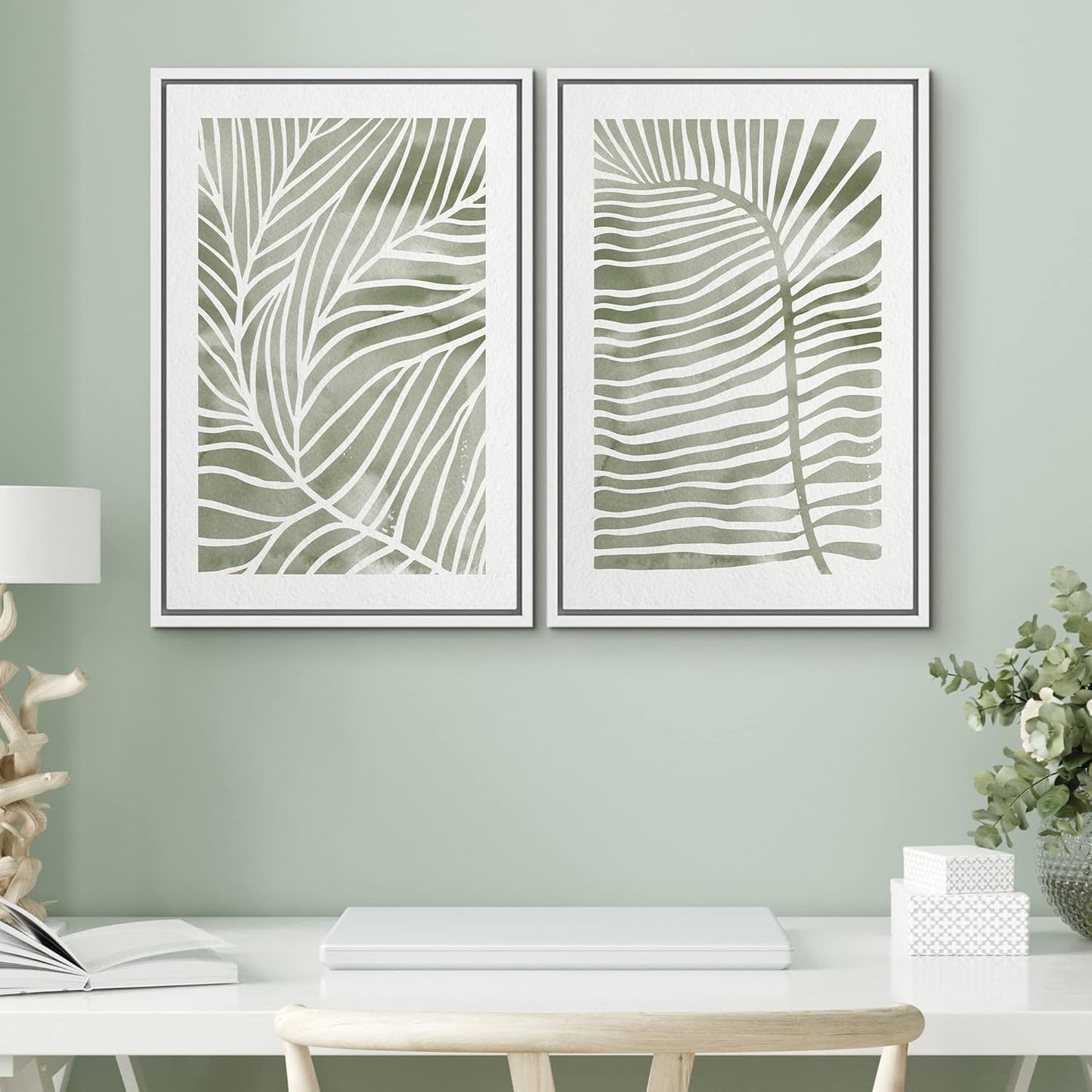 SIGNWIN Canvas Print Wall Art Set Green White Tropical Island Palm Leaves Nature Wilderness Illustrations Modern Art Rustic Multicolor for Living Room, Bedroom, Office - 24"x36"x2 White