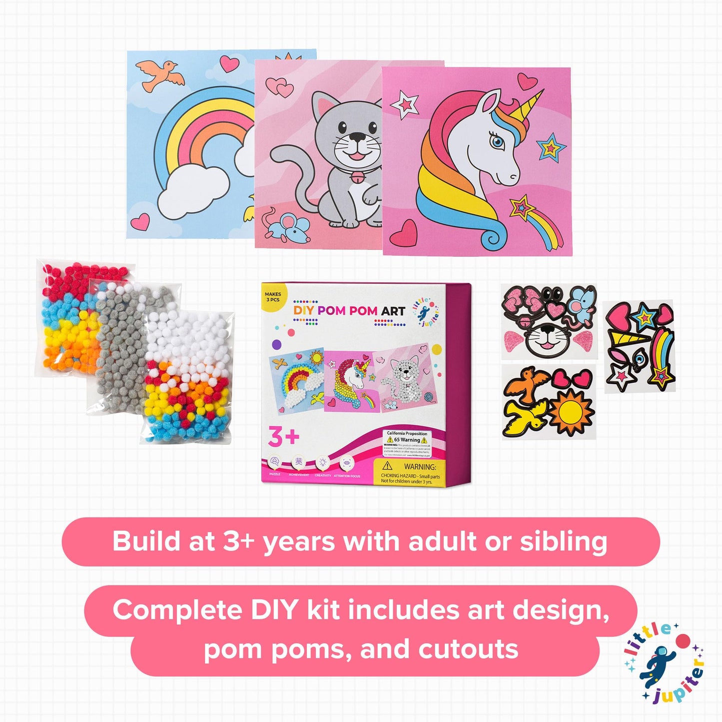 Little Jupiter DIY Pom Pom Art - Makes 3 Pieces -Boy & Girl Crafts for Kids Age 3-5 - Toddler Crafts - Pom Pom Art Projects for Kids 3-5 - (Set 2-Unicorn, Rainbow, Cat)
