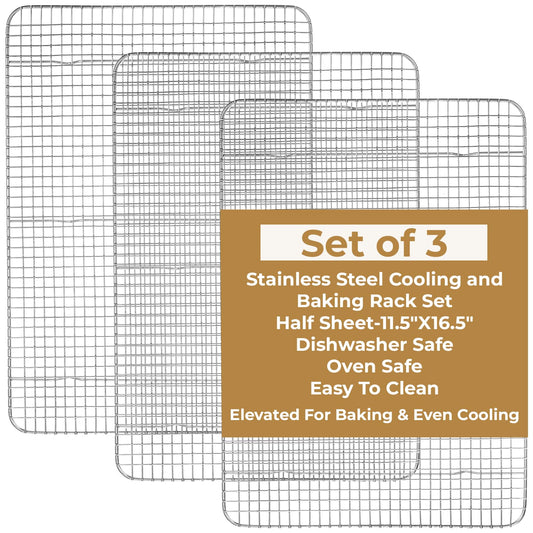 3 Pack Cooling Racks, 16.5 x 11.5 Inch Stainless Steel Cooling and Baking Rack Set 1/2 Sheet Baking Racks for Oven Cooking Roasting Grilling Heavy Duty Tight-Wire Metal Mesh Oven Rack, Dishwasher Safe