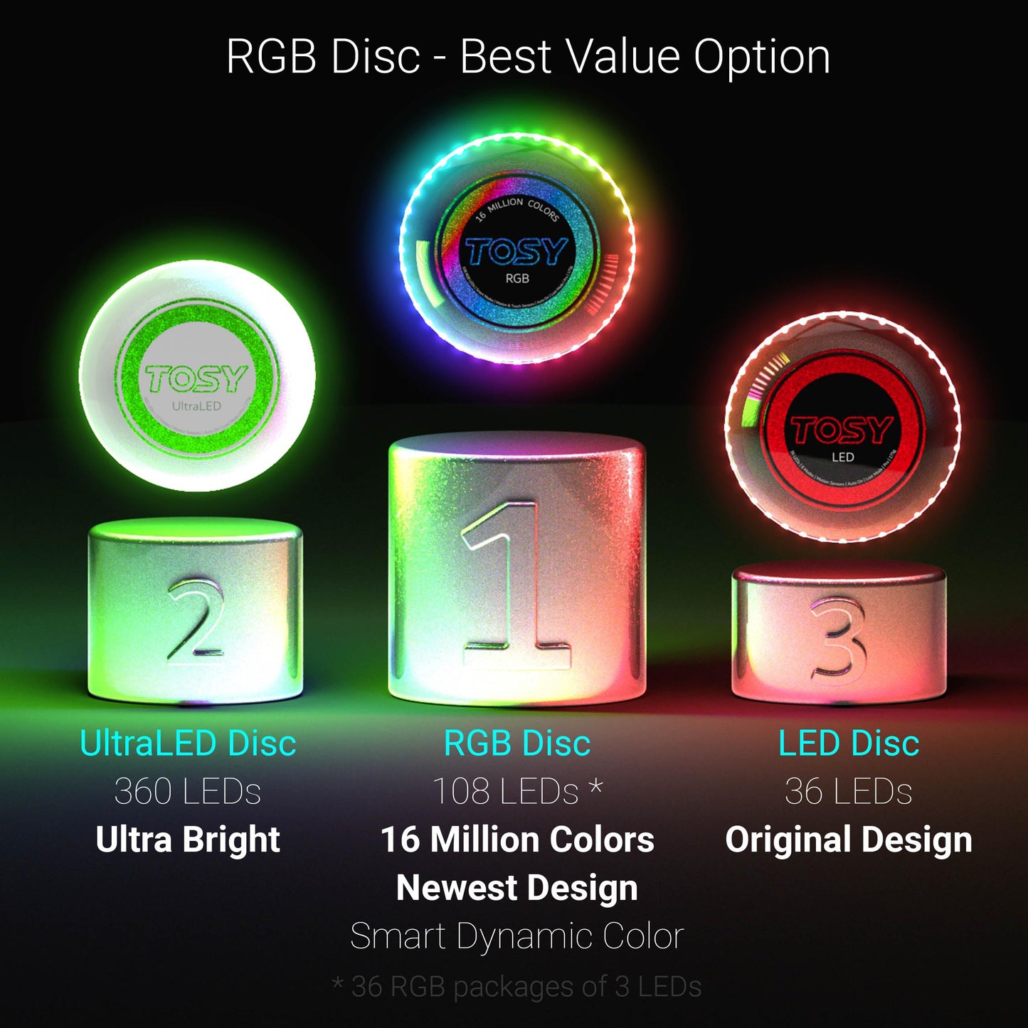 TOSY Bundle of 2 - Flying Disc 108 LEDs - RGB Black + Blue