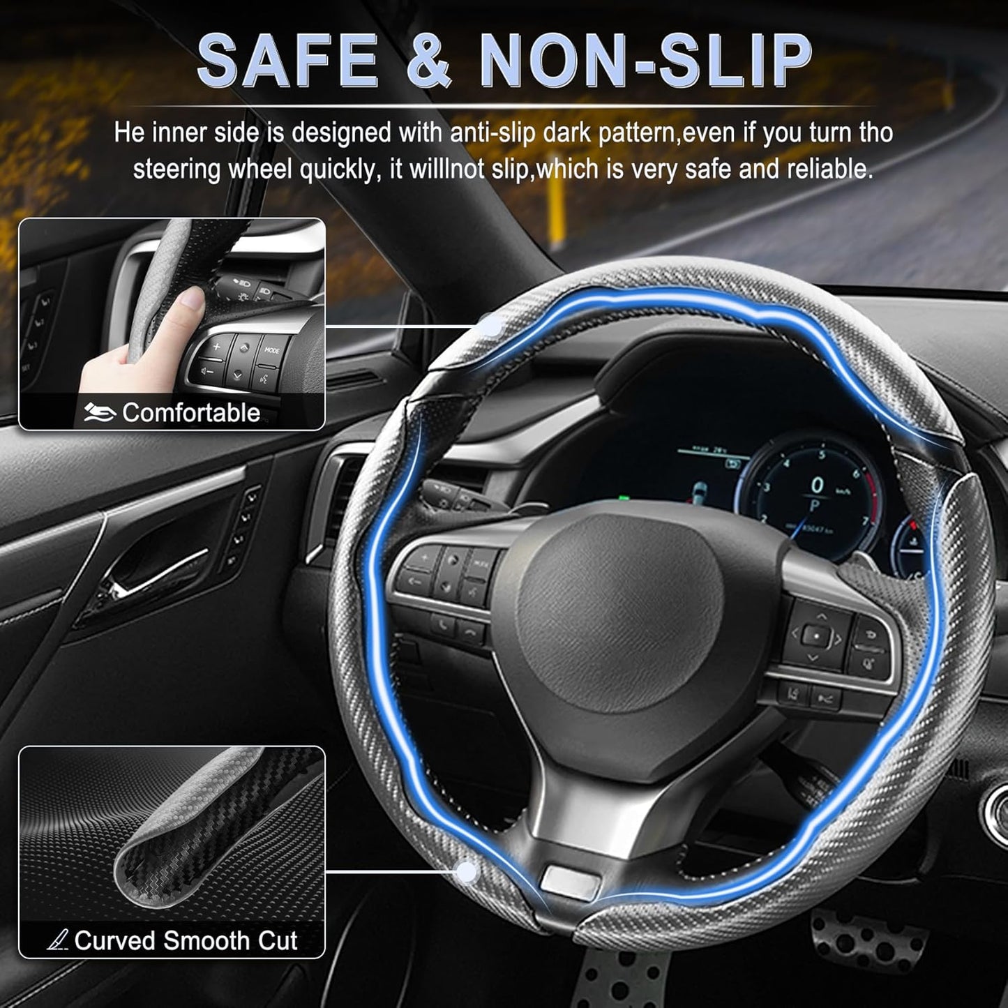Amiss 3pcs Carbon Fiber Anti-Skid Steering Wheel Cover, Segmented & Butterfly Design, Universal 99% Car Wheel Cover Protector, Grey