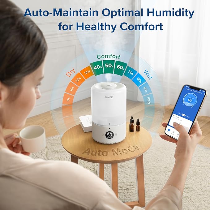 LEVOIT Smart Cool Mist Top Fill Humidifiers for Bedroom Baby with Sensor, Auto Humidity Setting, APP & Voice Control, Essential Oil Diffuser, Ultra Quiet Operation, Easy Top Fill, 3L, White