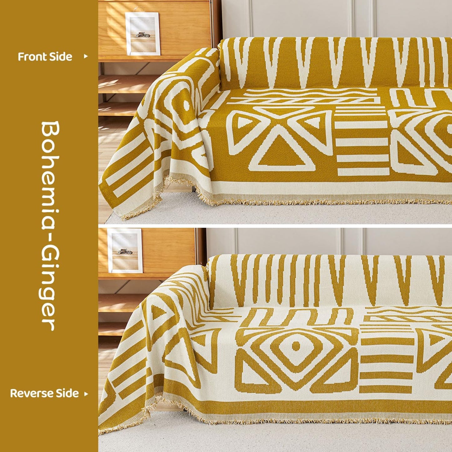 STACYPIK Boho Chenille Couch Cover, Ginger Yellow Sofa Cover for 3 Cushion Couch, Anti Slip L Shaped Couch Protector, Washable Loveseat Cover Pet Friendly, Multi-Use Jacquard Throw Cover-71X150IN