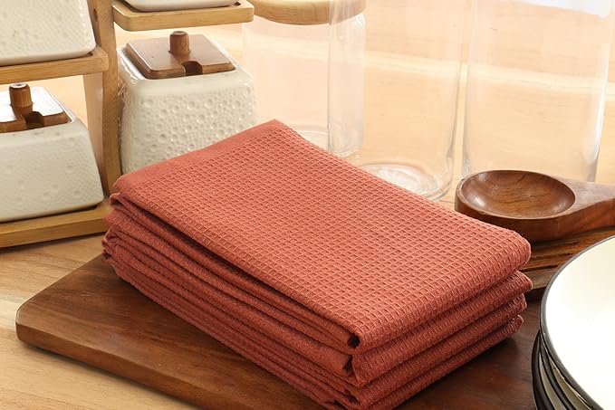 PurpleEssences Rust Waffle Weave Kitchen Towel, 100% Cotton, 15x25 Inches, with Hanging Loop Ultra Soft Absorbent Quick Drying Dish Cloth, Tea and Hand Towels, 6 Pack - Christmas Holiday Winter - Rust