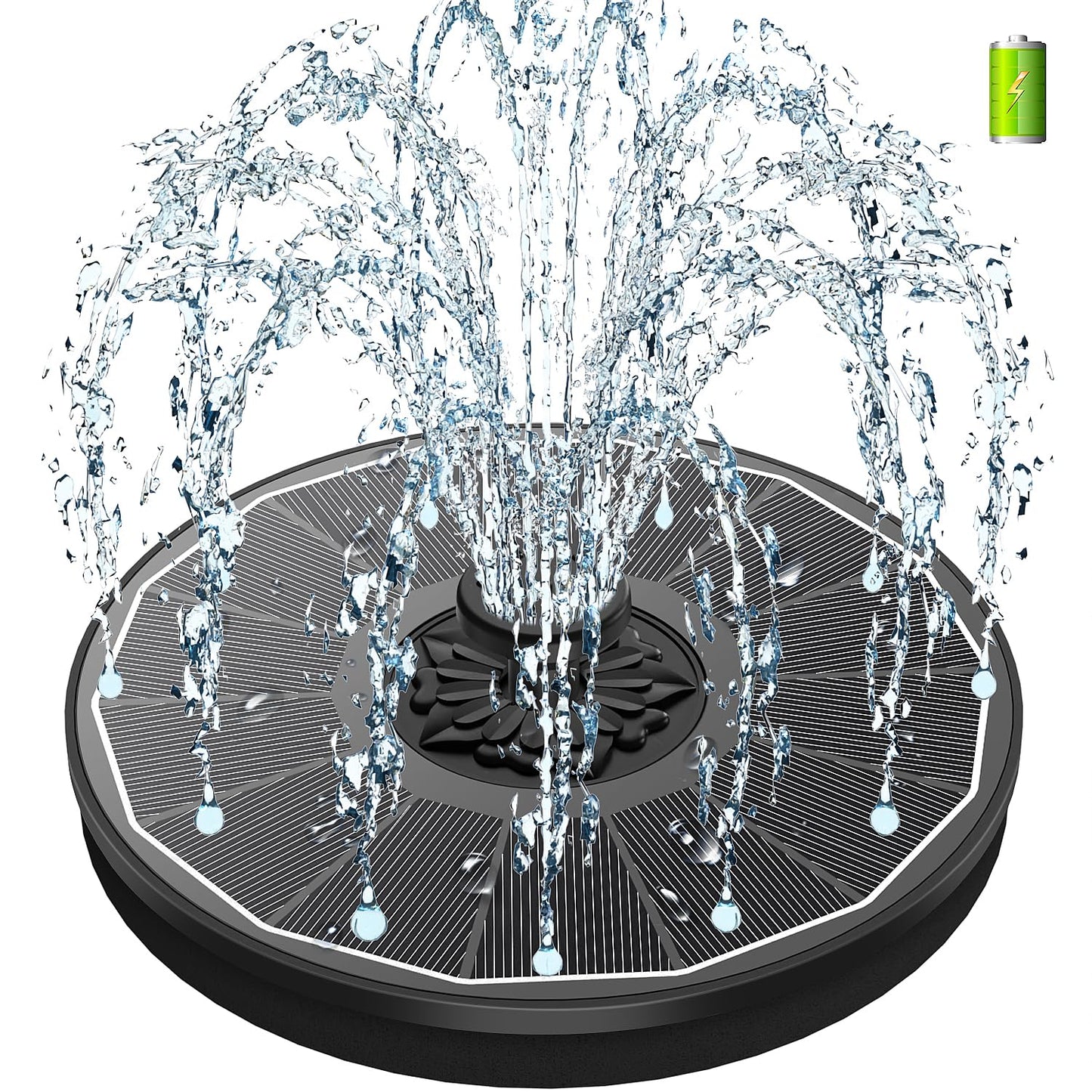 SZMP Solar Bird Bath Fountains,Working On Cloudy Day Solar Water Fountain 3.5W Glass Solar Panel 2000mAh Battery 4 Fixer 7 Nozzles Solar Fountain for Bird Bath Garden(Black Solar Panel)
