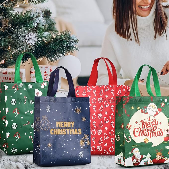 8PCS Christmas Tote Treat Non-Woven Gift Bags with Handles for Gifts Wrapping Shopping, Xmas Party Supplies, 12.2×9.8×4.53inch