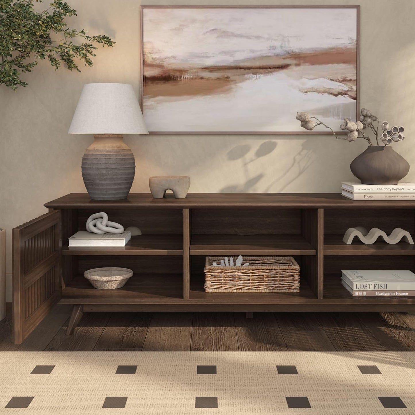 Plank+Beam Mid-Century Modern Wood TV Stand, Solid Wood Entertainment Console with Storage, 59" L x 16" W x 19" H, Walnut