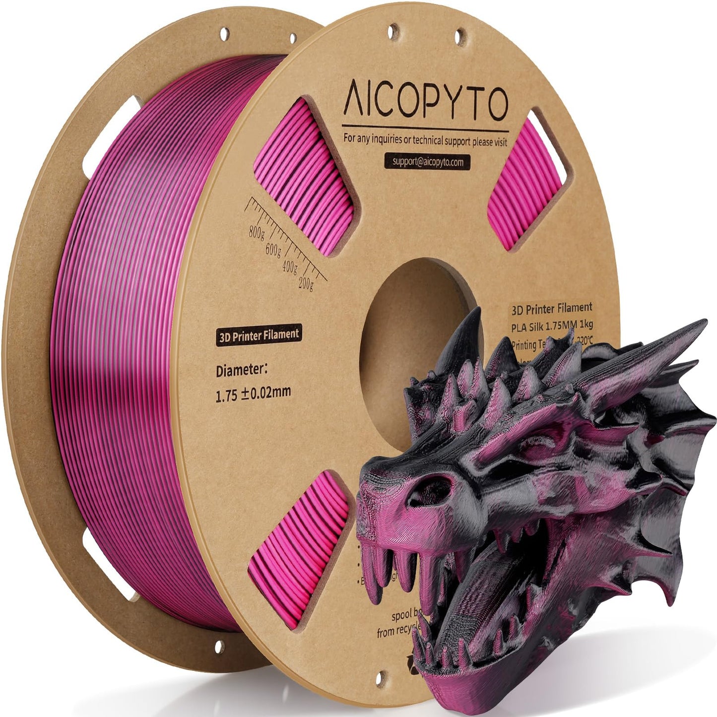 AICOPYTO Dual Color Silk PLA 3D Printer Filament 1.75mm, Dual Color 2-in-1 Black-Red Silk Filament 1KG Spool (2.2lbs) Dimensiona