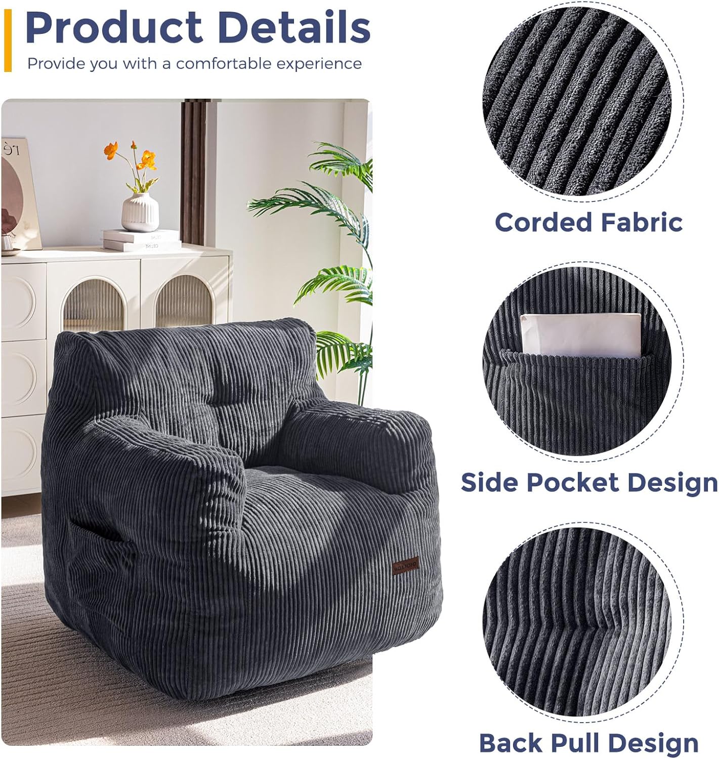 MAXYOYO Bean Bag Chair, Tufted Bean Bag Couch Lazy Chair, Living Room Sofa Couch with Filler for Adult Teens Kids, Corded Fabric Accent Sofa for Bedroom Dorm, Dark Grey