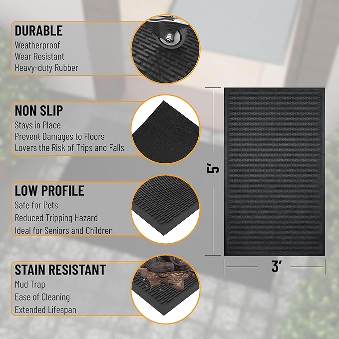 Sweet Home Stores Indoor/Outdoor Rug Ribbed Waterproof Design Multi-Purpose Rubber Mat, Perfect for Kitchens, Entryways, Living Rooms, Office, 3' x 5', Black