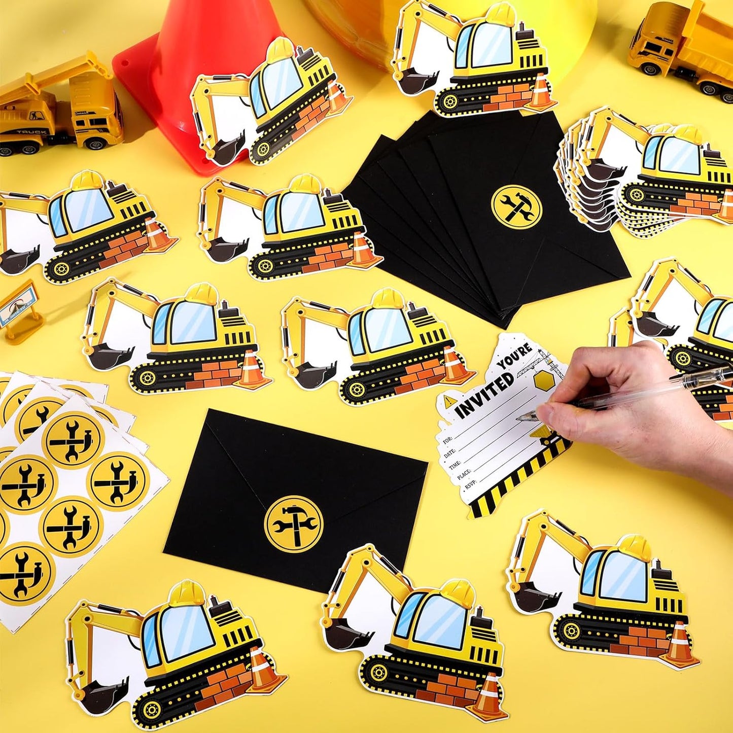 30 Sets Construction Excavator Birthday Party Invitations Cards with Envelopes Stickers Construction Themed Invitations for Boy Kids Birthday Excavator Party Supplies Decoration