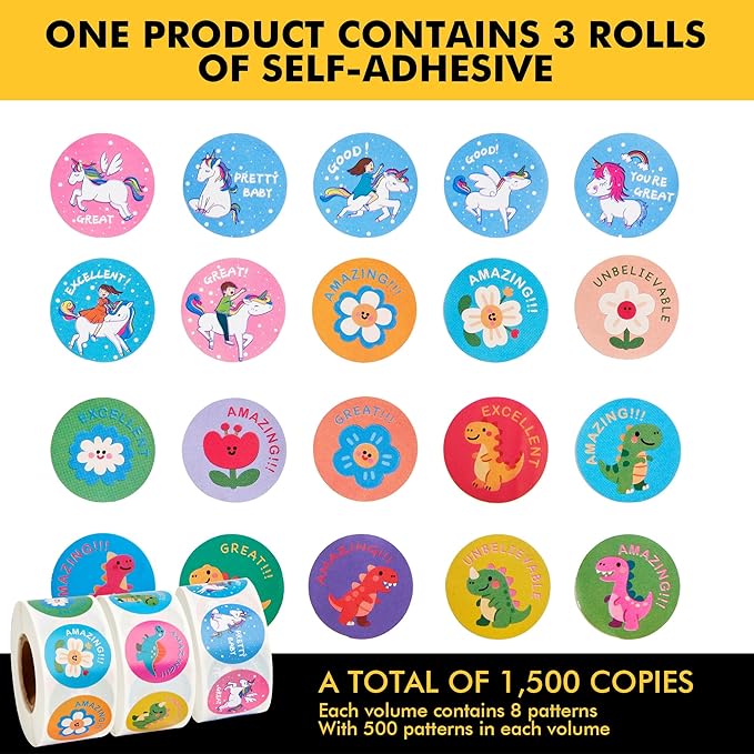 3 Roll Reward Stickers, 1500 Pcs Motivational Stickers for Kids, School Supplies Roll Sticker for School Classroom, 24 Designs (Each Measure 1” in Diameter), Include Dinosaur/Unicorn/Flower Patterns
