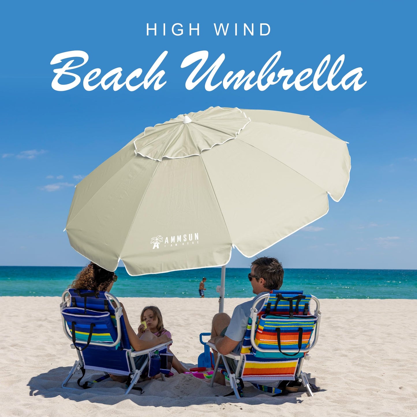 AMMSUN 8 FT Large Beach Umbrellas for sand with Sand Anchor Heavy Duty High Wind Portable Outdoor Umbrellas UPF 50+ Protection Air Vent Tilt Patio Garden Pool (Cream Khaki)