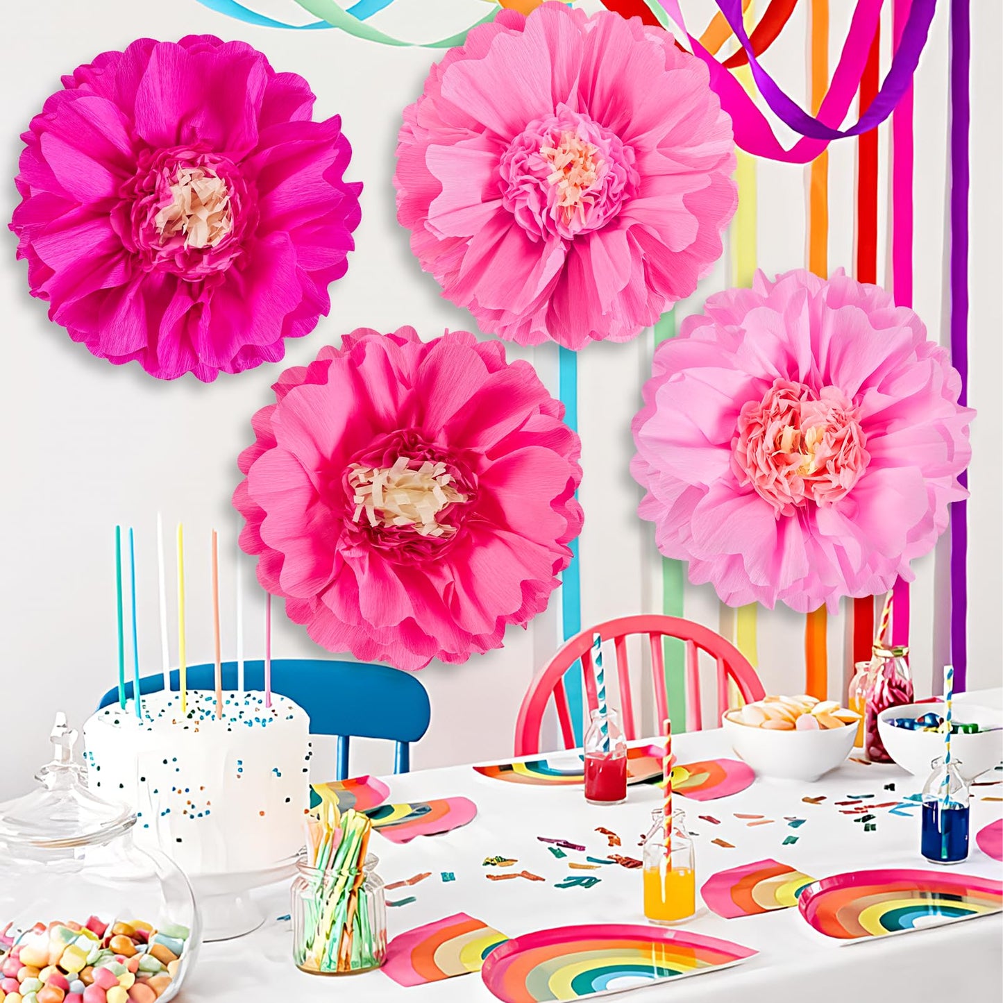 SUNBEAUTY 20" Giant Pink Paper Flowers 4 PCS Large Crepe Tissue Paper Flowers Pink Party Decorations for Girl Women Birthday Spring Garden Wedding Flower Backdrop Wall Bridal Shower Nursery