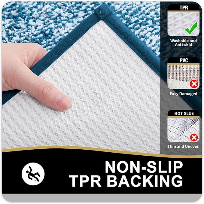OLANLY Toilet Rugs U-Shaped 24x20, Extra Soft and Absorbent Microfiber Bathroom Rugs, Non-Slip, Machine Wash Dry, Plush Shaggy Contour Bath Mats for Toilet Base (Peacock Blue and White)