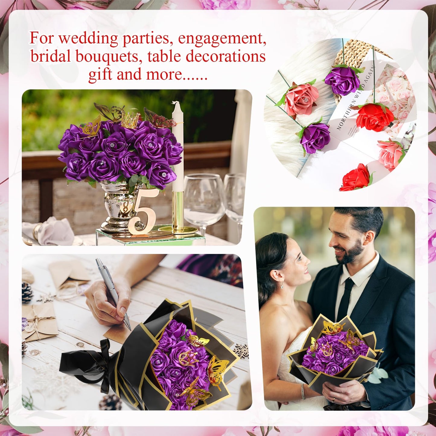 Riceshoot 25 Sets Ribbon Rose Bouquet DIY Fake Roses with Stems Faux Flowers Bouquet Kit Wrapping Paper Crown 3D Butterflies for Graduation Anniversary Birthday Wedding Gift(Purple)