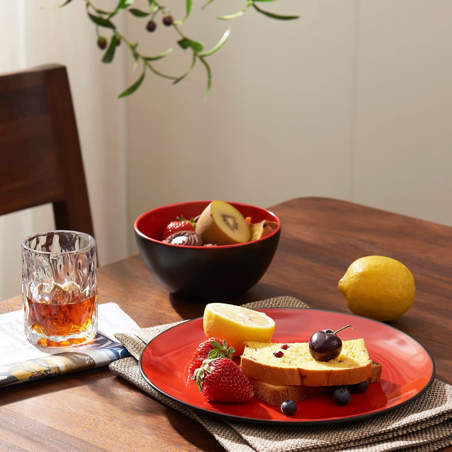 TP 12-Piece Dinnerware Set, Melamine Dishes Set with Bowls and Plates, Non-breakable and Lightweight Dinner Service for 4, Matt Black and Red