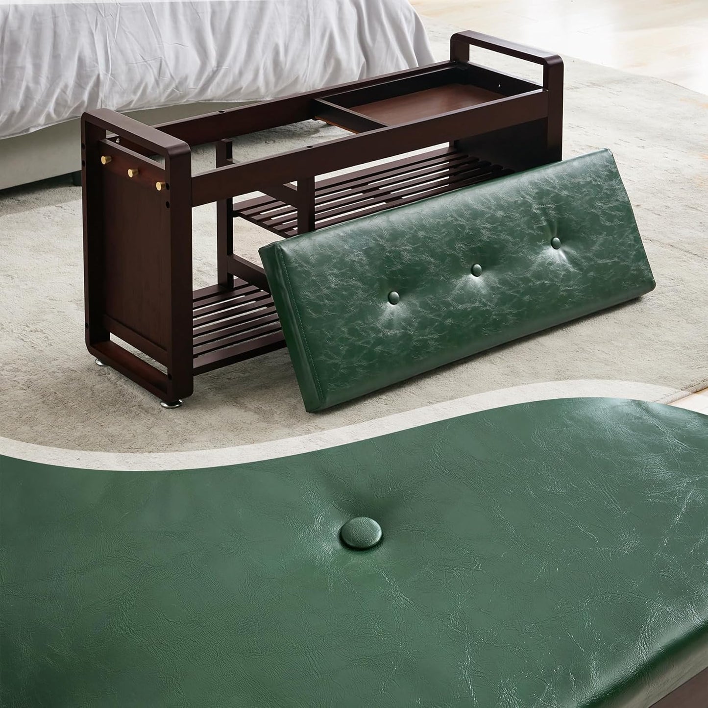 Nnewvante 37.4 inch Shoe Bench with Green Leather Cushion, 3-Tier Large Shoe Rack for Entryway Organizer, 100% Bamboo Ottoman Upholstered Bench for Hallway, Living Room, End of Bed Padded Bench