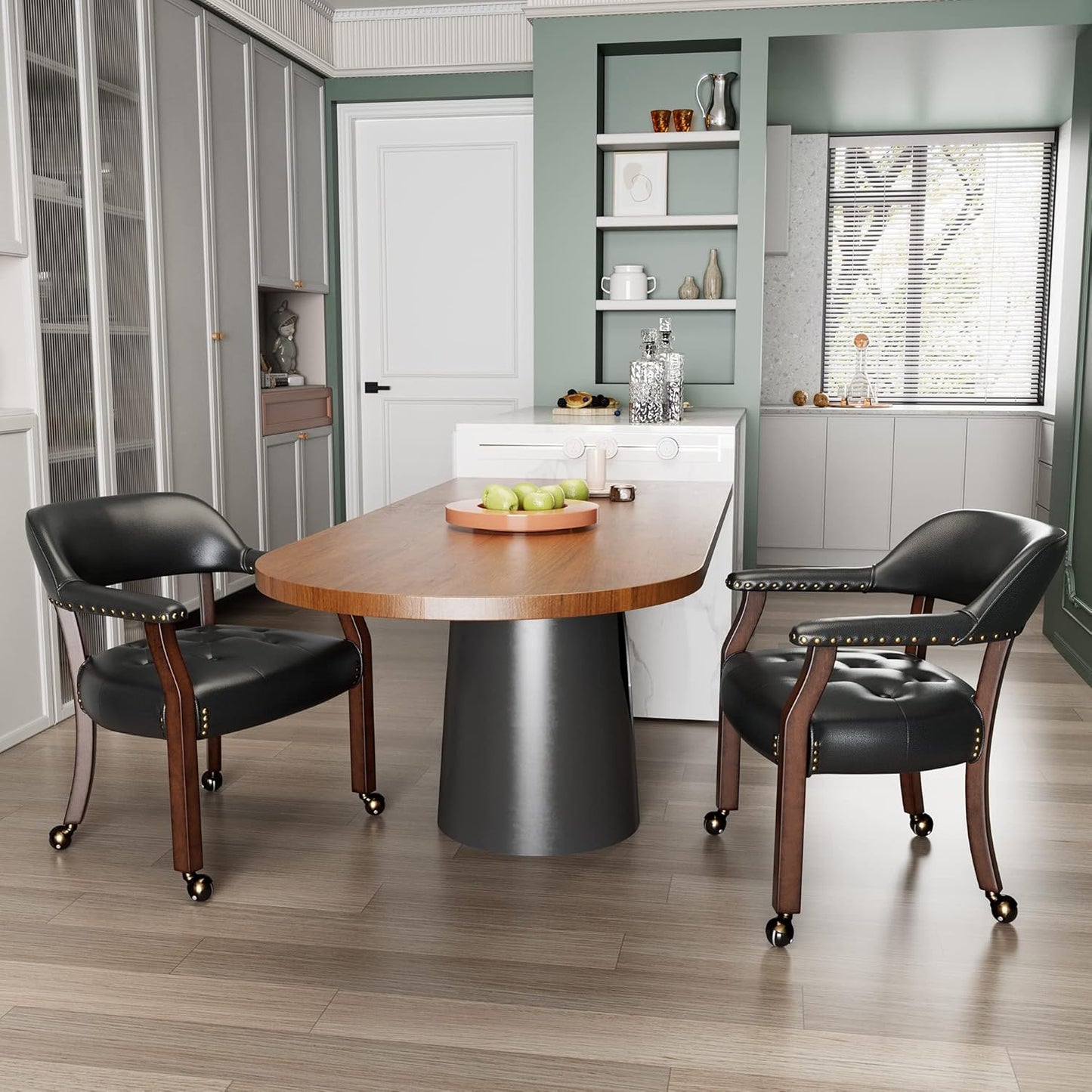 LEEMTORIG Large Dining Chairs with Casters and Arms, Rolling Dining Chairs with Wheels, Accent Game Poker Chairs, Boss Caption's Chairs, 26" D x 25.2" W x 31.5" H, Espresso Legs & Black PU, SY-318-BK