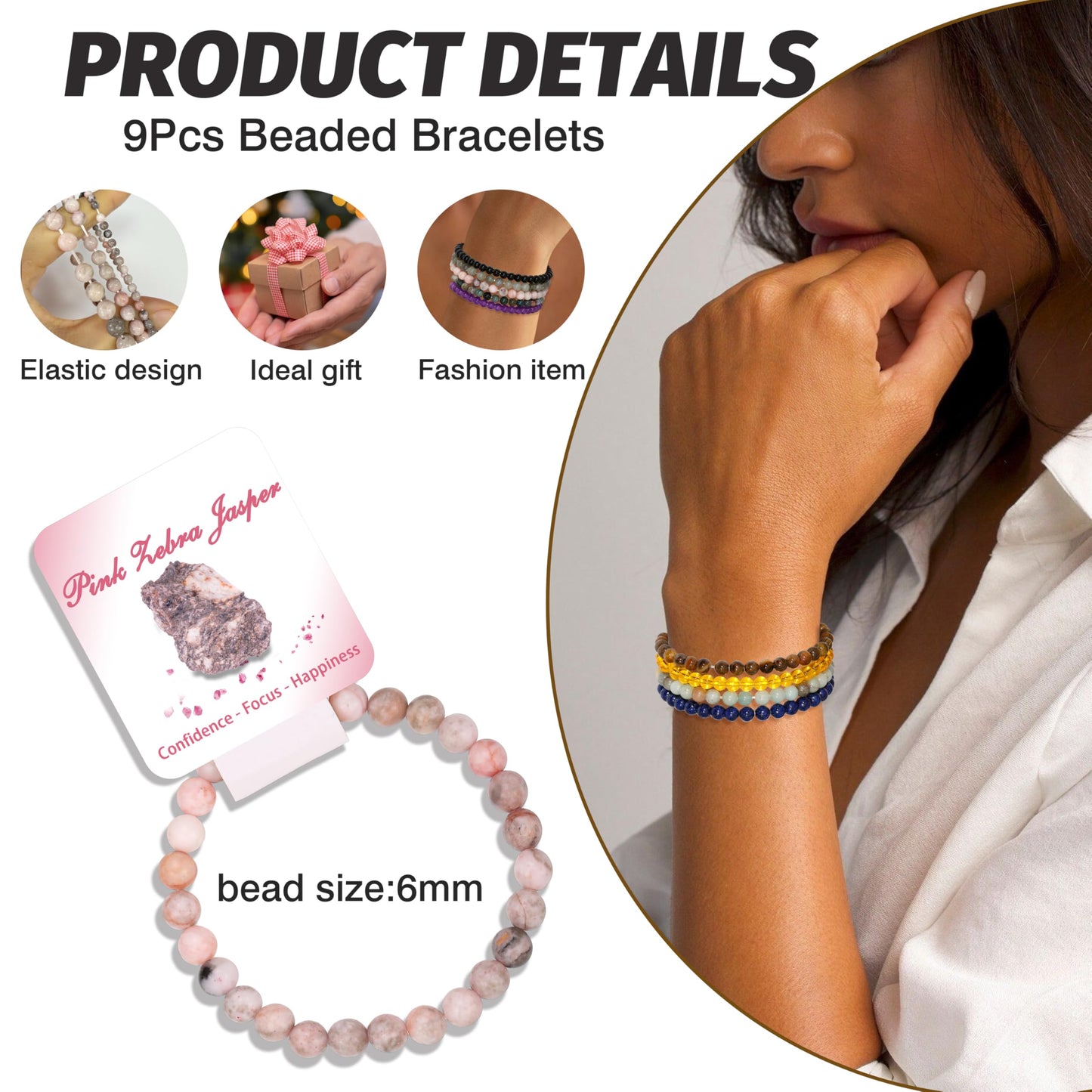 BOMAIL 9Pcs Healing Crystal Bracelets for Women Men 4mm 6mm 8mm Natural Stone Beaded Stretch Bracelet Set Handmade Gemstone Reiki Spiritual Jewelry Gifts