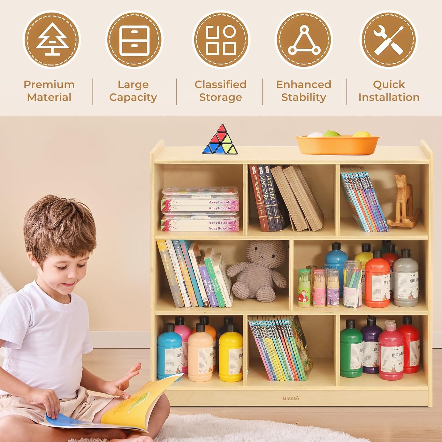 Toy Storage Organizer for Kids Room, Wooden Kids Bookshelf for Classroom, Cube Storage Organizer for Playroom, 8-Section Montessori Bookshelf & Toy Shelf for Nursery