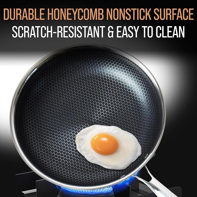 12” Non-Stick Stainless Steel Frying Pan with Lid | Honeycomb Hybrid Skillet for Induction, Gas & Electric Stovetops | Oven Safe, Dishwasher Safe | Premium Gift Packaging