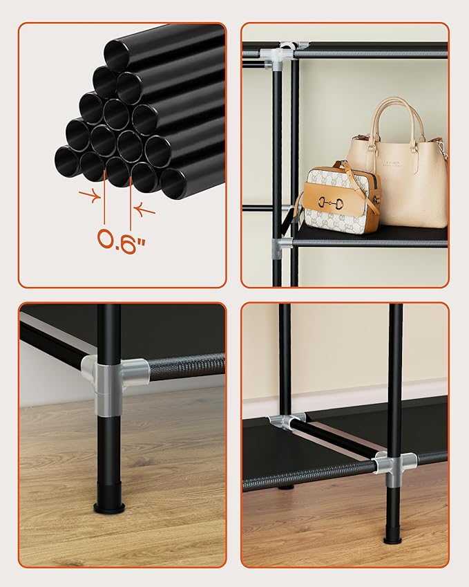 Portable Closet, 77.6 Inch Extra Large Capacity Wardrobe Closet with Cover, Clothes Storage Organizer with Shelves and 3 Hanging Rods, Easy to Assembly, Black PCT223B01