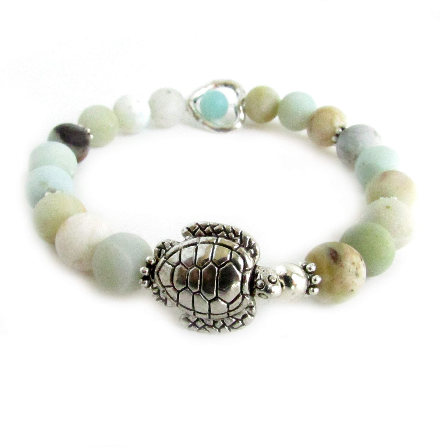 Sea Turtle and Heart Charm Bracelet with Amazonite Stones, Valentines Gifts for Women