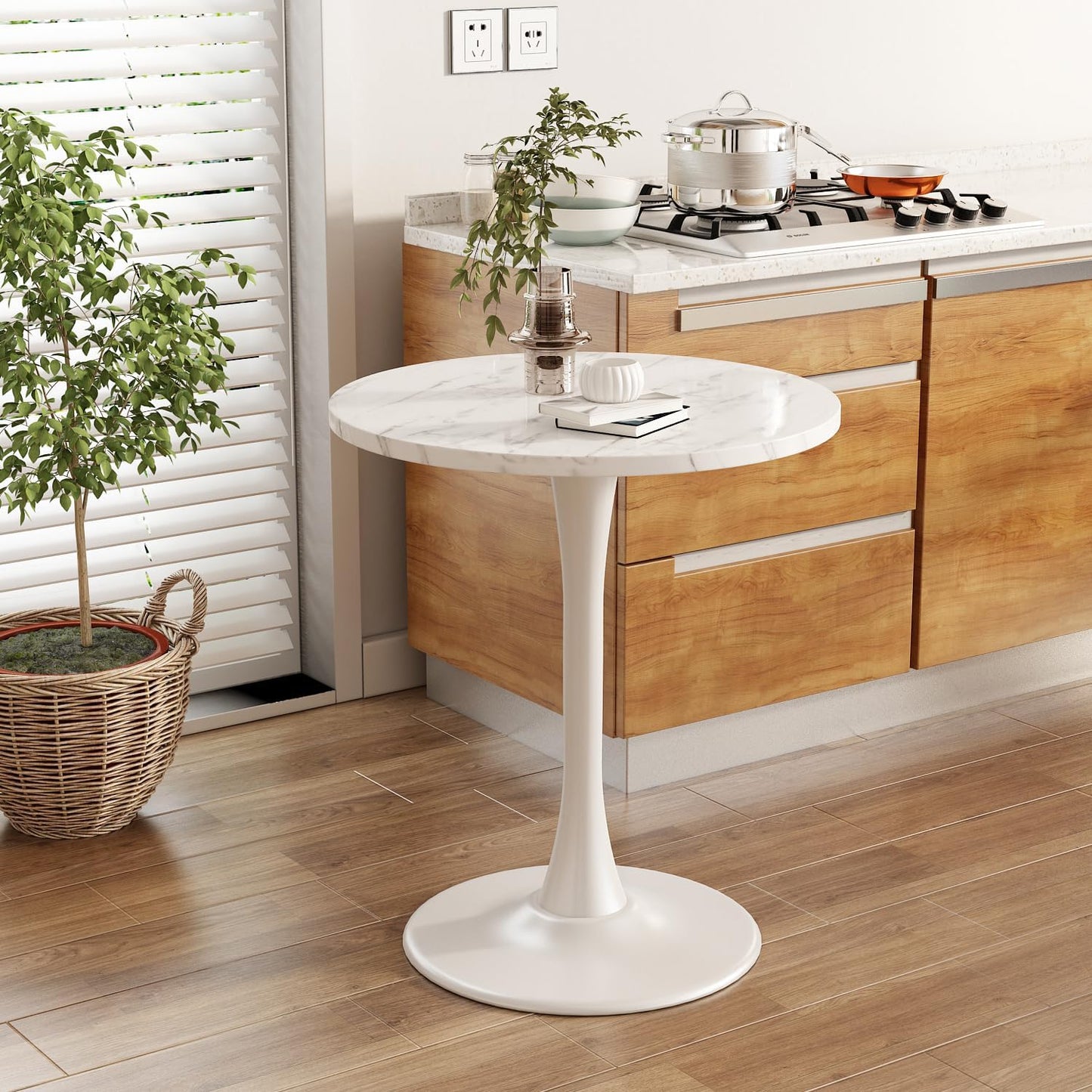 White Round Table Modern Dining Table Marble Texture Tulip Round Kitchen Table Mid Century Coffee Table for Living Room, 24 inch