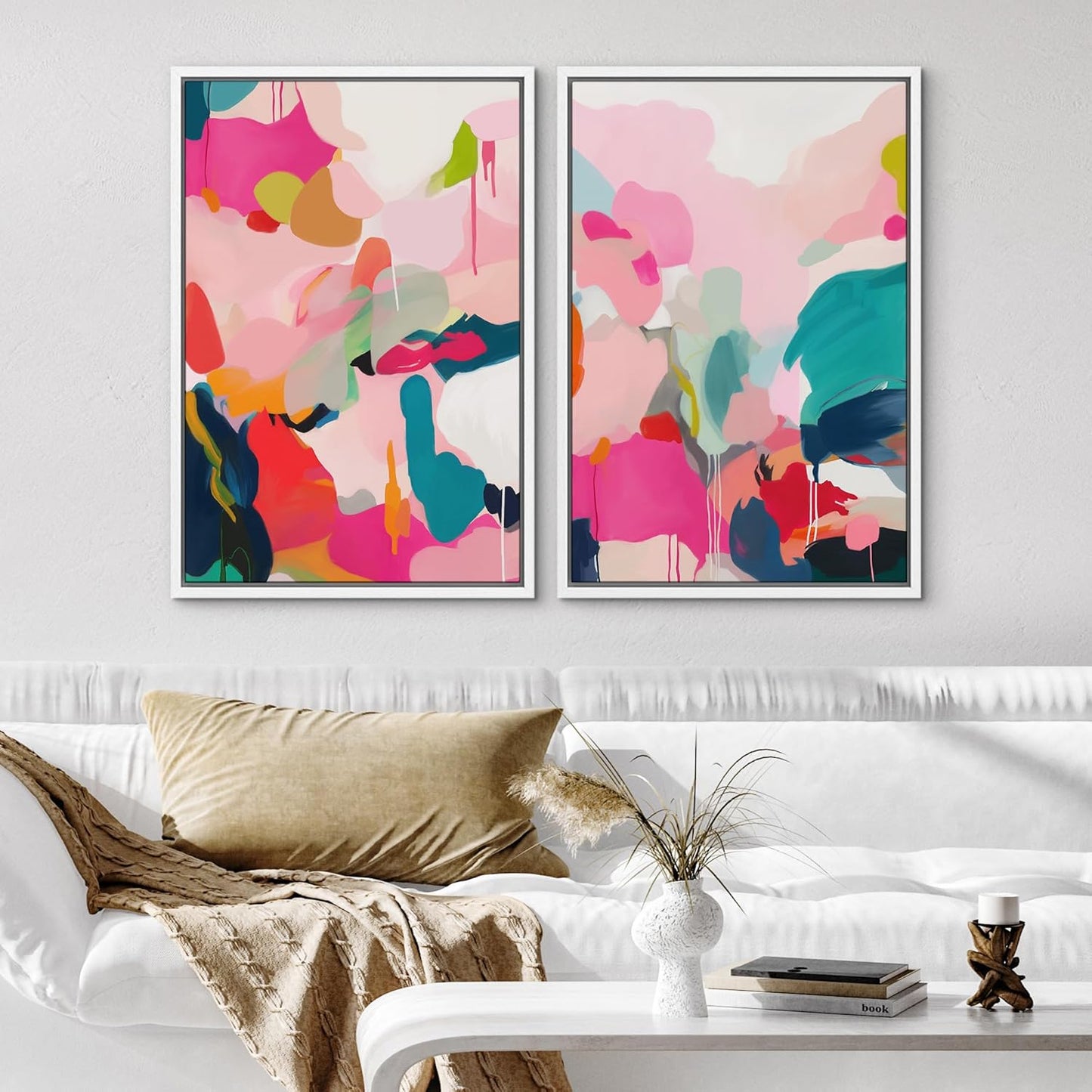 SIGNWIN Framed Canvas Print Wall Art Colorful Abstract Vibrant Pink and Blue Drip Illustrations Modern Art Decorative Contemporary for Living Room, Bedroom, Office - 16"x24"x2 White