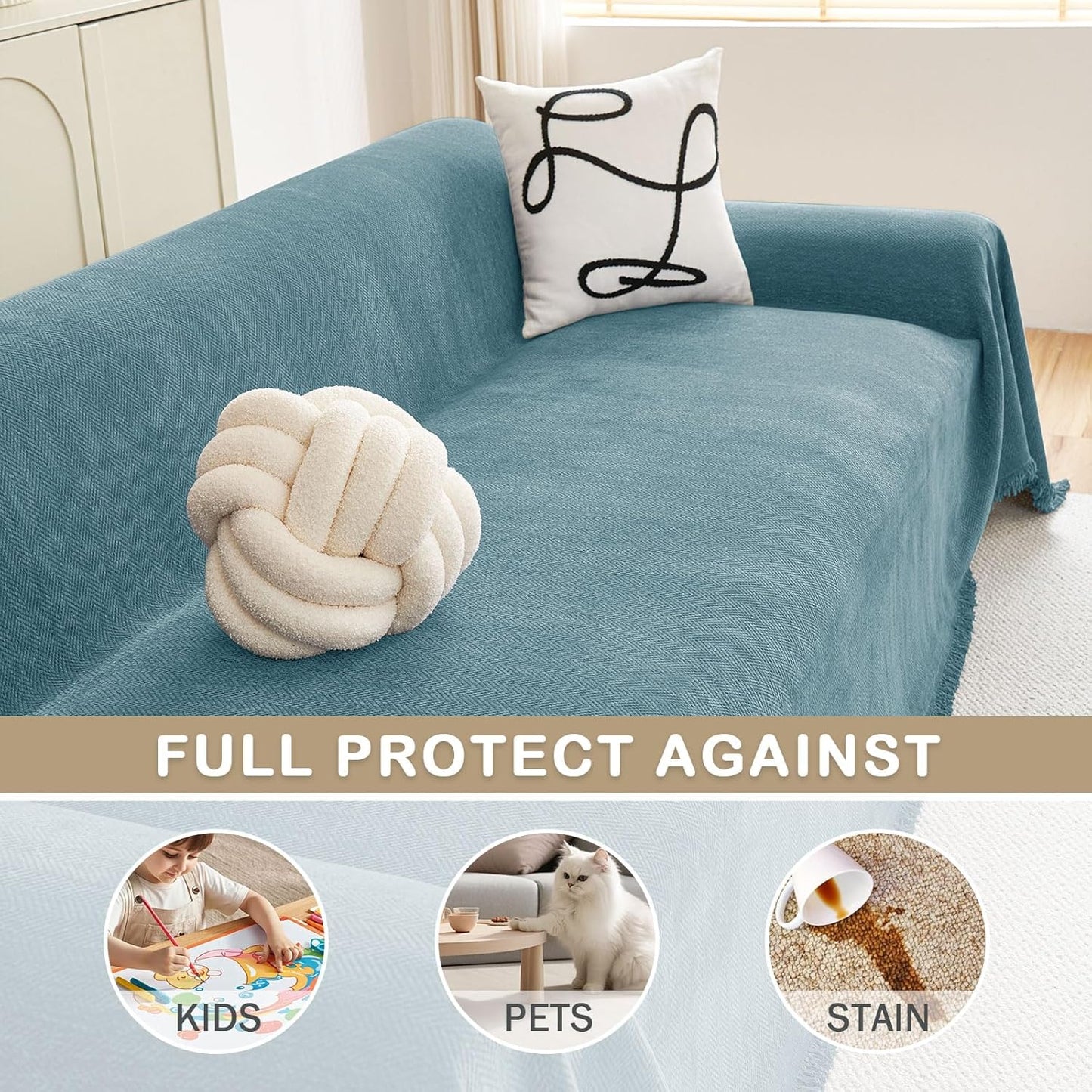 hyha Couch Cover for Dogs, Boho Sofa Covers for 3 Cushion Couch Washable, Chenille Sofa Slipcover for Pets, Soft Loveseat Sectional Couch Throw Blankets with Tassels (Blue, 71x134 Inch)