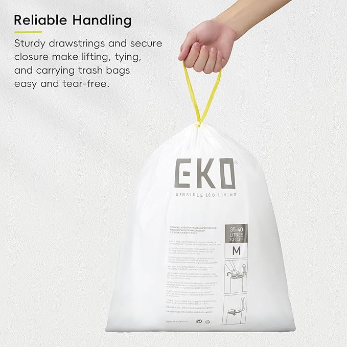 EKO 10.6 Gallon / 35–40 Liter Drawstring Trash Bags, 60 Count Heavy-Duty Tall Kitchen Garbage Can Liners, Extra-Strong Leak-Resistant, Unscented, White, Code M