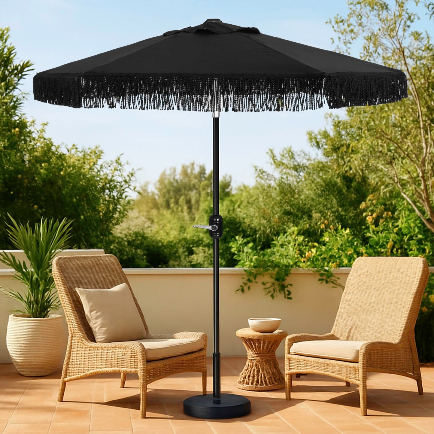 Punchau 6 Ft Black Fringe Patio Umbrella - Outdoor Umbrella for Patio, Pool, Table, Garden, & Deck, Push Button Tilt Pole - Fashionable Vintage Tassels - Black