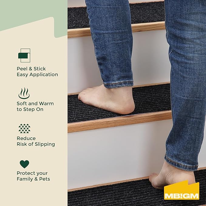 MBIGM 8" X 30" (7 in Pack) Non-Slip Carpet Stair Treads Non-Skid Safety Rug Slip Resistant Indoor Runner for Kids Elders and Pets with Reusable Adhesive - Black