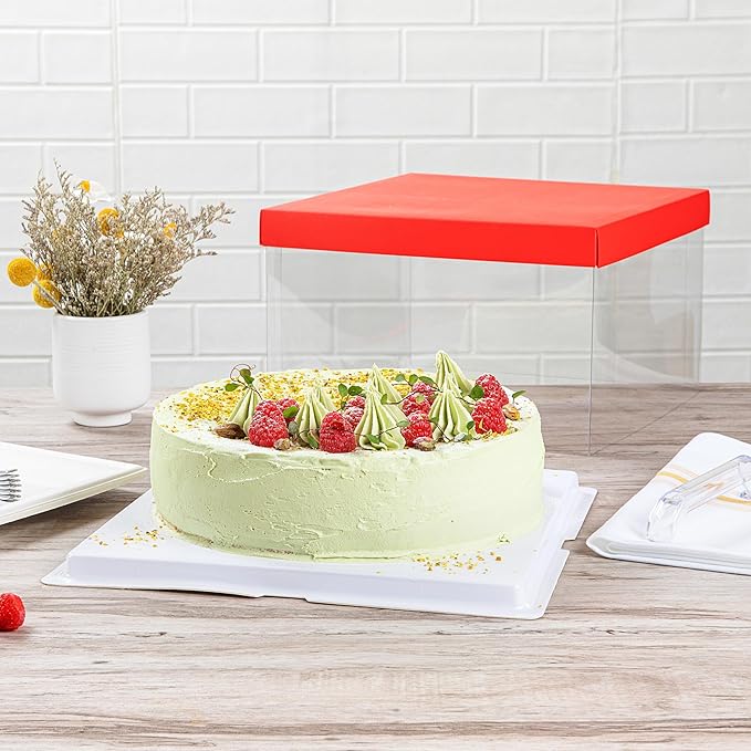 Restaurantware Sweet Vision 10 Inch x 8.25 Inch Transparent Cake Boxes 10 Grease Resistant Base Clear Cake Boxes - Red Lid Red Ribbon Plastic Birthday Cake Boxes For Weddings Or Birthdays