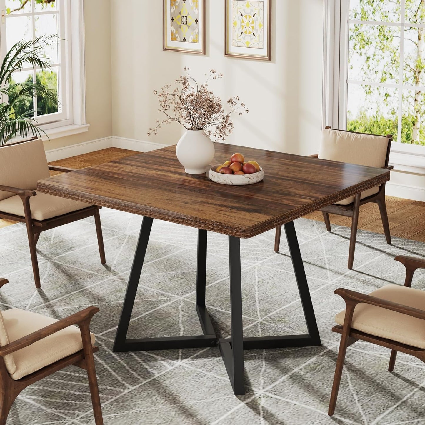 Tribesigns Square Dining Table for 6, 31.5" Industrial Dinner Table with Metal Base, Kitchen Table for Dining Room, Small Space, Apartment, Rustic Brown & Black