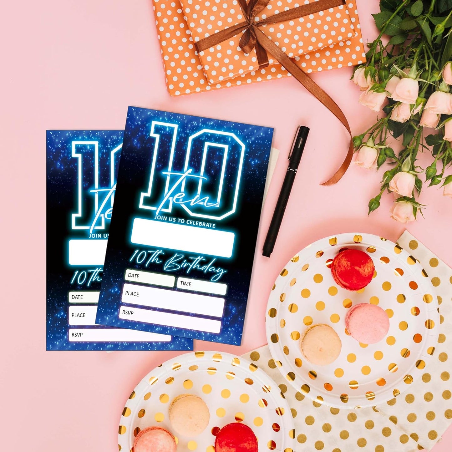 SIXEIGHT Blue 10th Birthday Party Invitations for Kids, Glow Neon 10th Birthday Invitations for Boys Girls, 20 Pack Blue Invites with Envelopes, Glow Neon Party Decorations Supplies, 4"x6"-C10