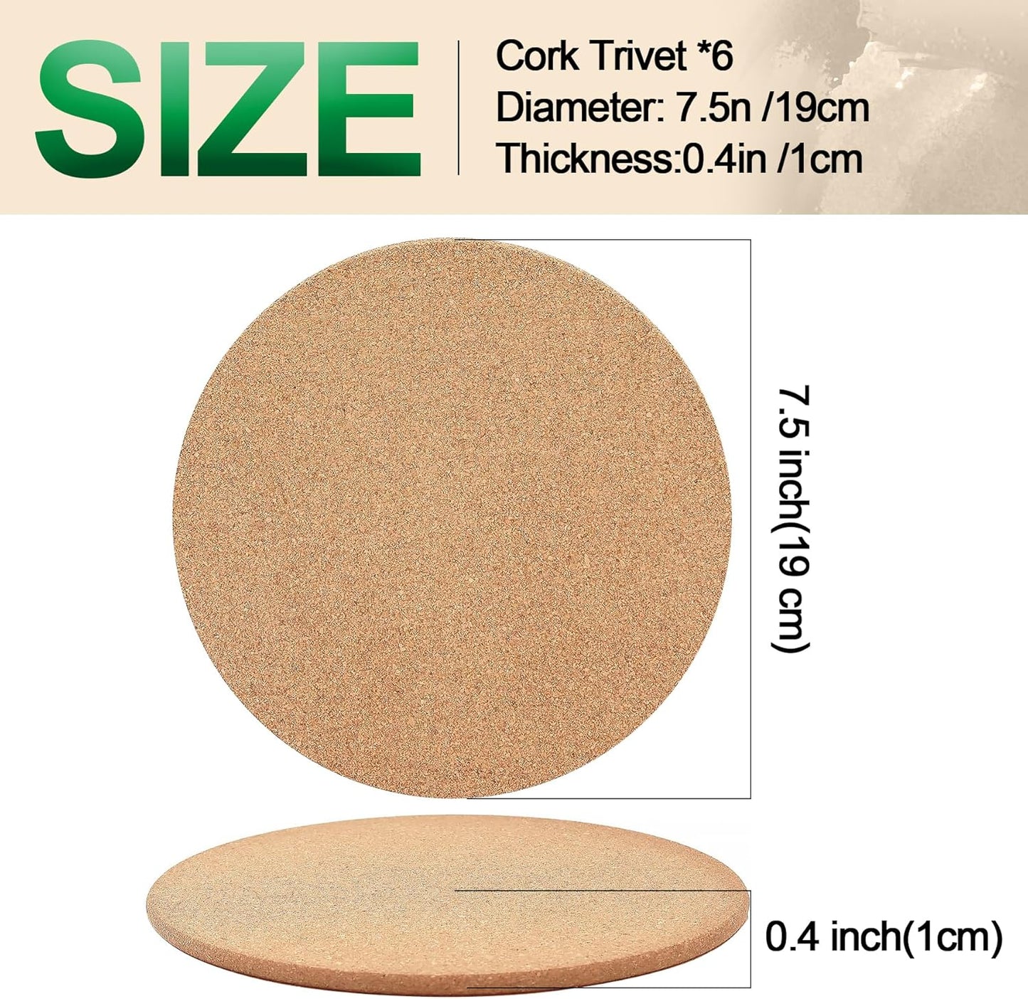 Cork Trivet, 4 Pack High Density Thick Cork Coasters Set for Hot Dishes, 7.5 Inch Heat Resistant Multifunctional, Hot Pads for Kitchen, Table, Countertops