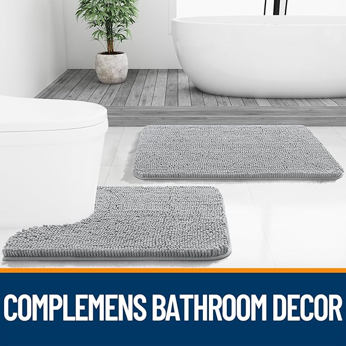 OLANLY Bathroom Rugs 47x20, Extra Soft Absorbent Chenille Bath Rugs, Rubber Backing Quick Dry, Machine Washable Bath Mats for Bathroom Floor, Tub and Shower, Home Decor Accessories, Light Grey
