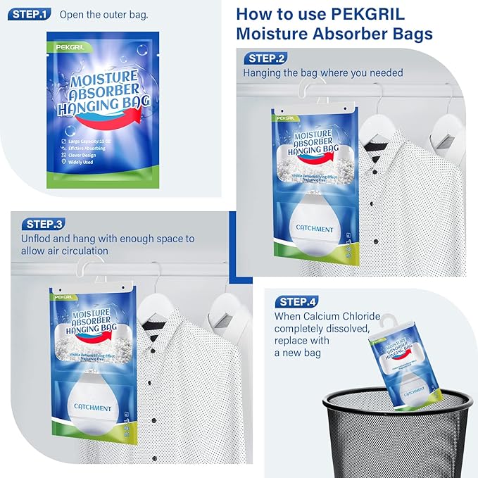 PEKGRIL Moisture Absorber Packets 6 Packs, 15 oz Hanging Dehumidifier Bags, Fragrance Free Humidity Packs for Closet, Bathroom, Kitchen, 420g/Pack