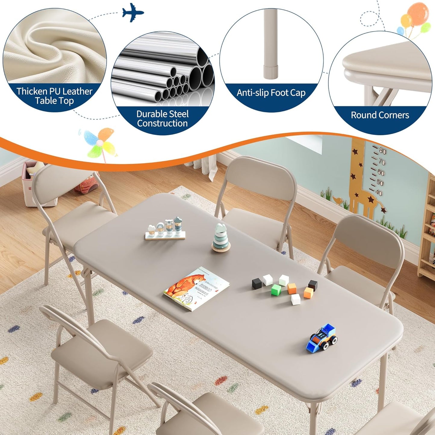 GarveeHome 7-Piece Kids Folding Table and Chairs Set, Toddlers Children's Activity Table and Chairs Set for Dining Room,Daycare,Classrooms