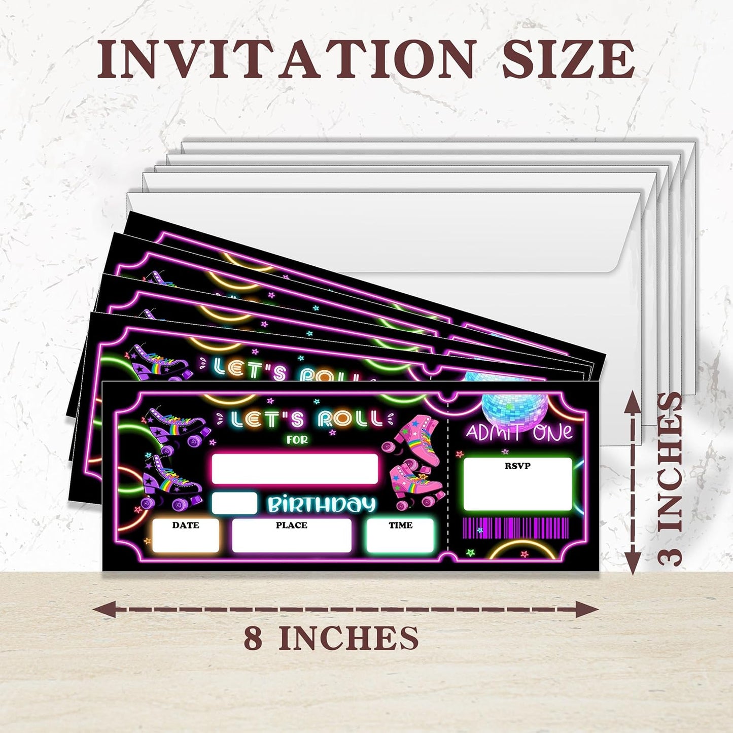 Let's Roll Skate Birthday Invitation with Envelopes-20 Skates Ticket Invite Cards for Skating Lovers Boys-Neon Birthday Cards-Party Favor & Supplies (3×8 inch)-A30