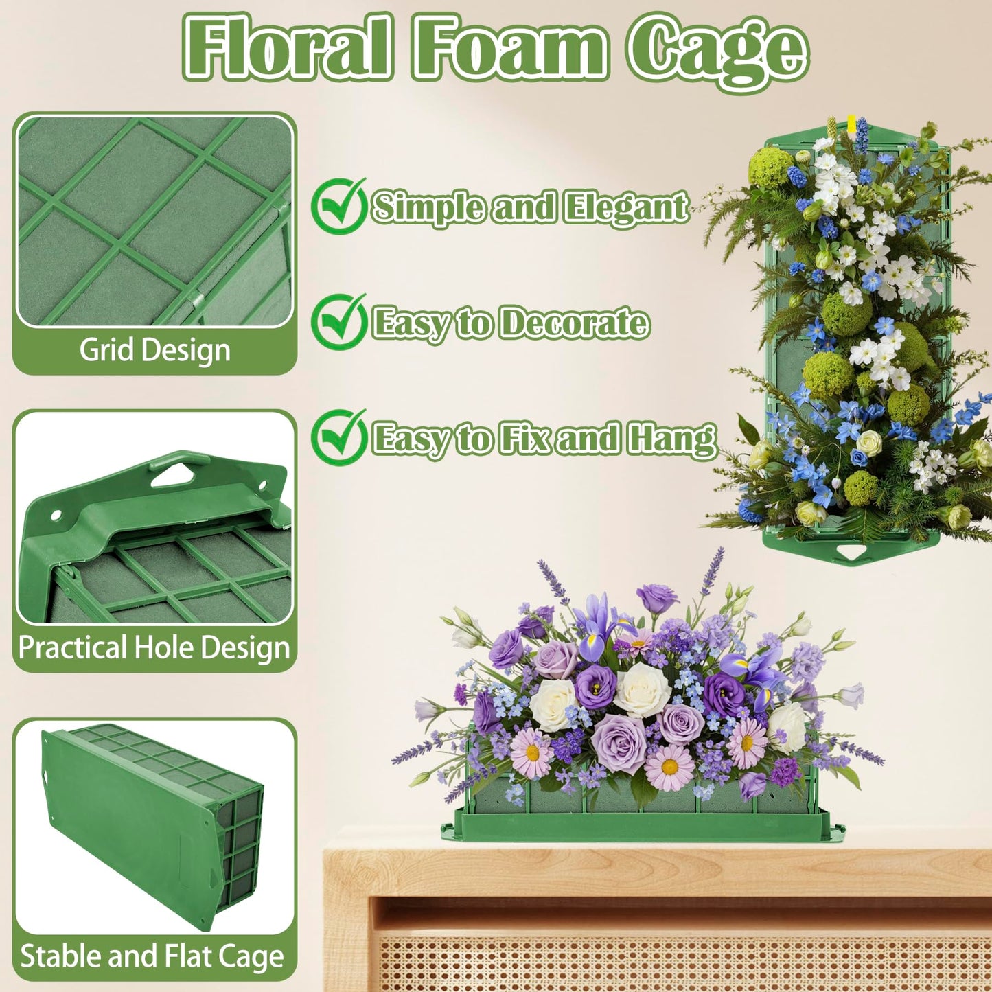 6PCS Floral Foam Cage, Flower Cage Holder, Dry and Wet Rectangle Flower Arrangement, Hangable Green Blocks Floral Foam Cages for Artificial Flesh Flower Wedding Holiday, Home, Garden Party Decorations