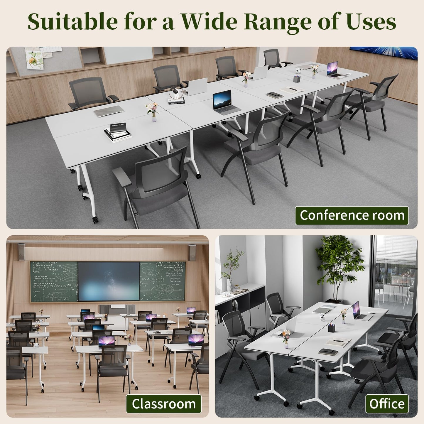 Modular Folding Conference Table with Wheels,2 Pack Mobile Conference Room Tables,Filp Top Rolling Meeting Training Tables for Office,Classroom,Library,Seminar,Boardroom,school(2pack,White,47in)