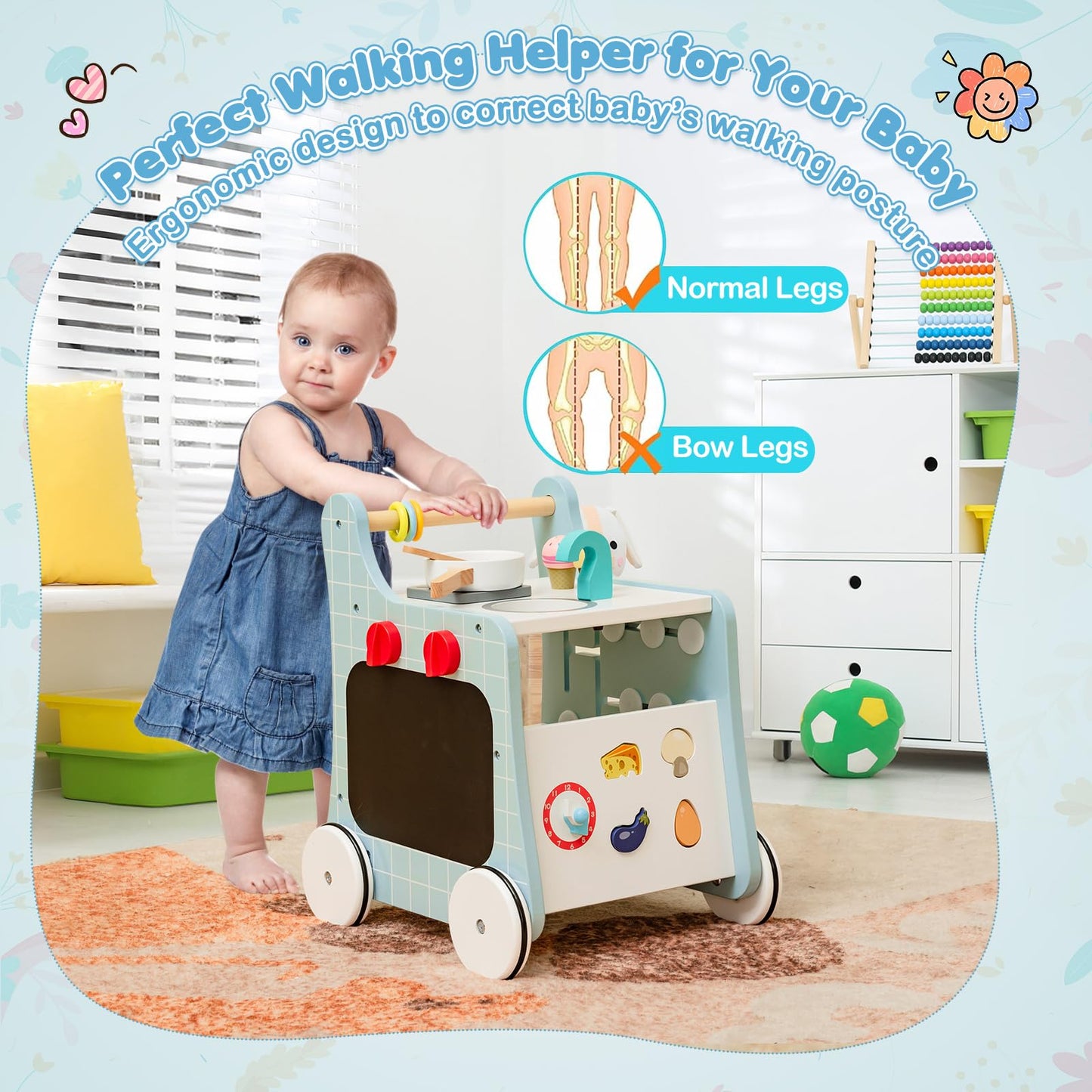 BABY JOY 6 in 1 Wooden Baby Walker, Toddler Pretend Play Kitchen Playset, Push and Pull Sit-to-Stand Learning Walker Activity Center, Montessori Educational Toy, Push Walker for Boys Girls